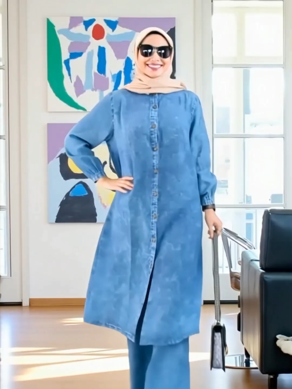 Jasmin stelan jeans modis Panjang Kulot Atasan tunik Wanita Muslim Bawahan #setelanwanita #jeanswanita #outfitkondangan #bajulebaran #fyp 