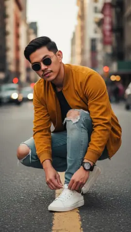 Gemini AI PROMPT: 1. Open Gemini App/Website 2. Upload Your Photo 3. Copy & Paste this prompt: A stylish man with dark, comma hair and a neatly sharp thin mustache, similar in appearance to the person in the uploaded reference photo, is crouching down in an urban setting, tying the laces of his white sneakers. He is wearing a mustard yellow suede bomber jacket, ripped blue jeans, and round sunglasses.On his left wrist, he has a dark-faced watch with a  black strap. The background shows blurred buildings and a street with yellow markings on the asphalt.