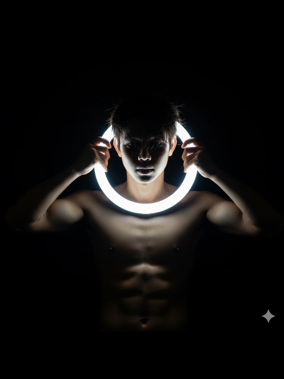 RINGLIGHT GEMINI AI PROMPT - Go to Google Geminin Ai - Pick the image you want to create - Copy and Paste the Prompt - Generate PROMPT A cinematic portrait of [INSERT IMAGE], in a completely dark room. NO CHANGING ORIGINAL FACE. The subject appears shirtless, without glasses, standing in the centre. A glowing ring light, 45 cm in diameter, is held with both hands and draped around the back of the neck, casting a bright circular halo across the skin. The light reveals hyper-realistic details—visible pores, droplets of sweat, and sharp contours of the face. Both arms are raised, highlighting natural muscle definition and shadows. Wet, messy hair falls across the forehead, each strand glistening as it catches the light, creating a moody, high-fashion editorial effect. #geminiai #aiphoto #aiprompt #ai #prompt #trendingprompt #googlegemini 