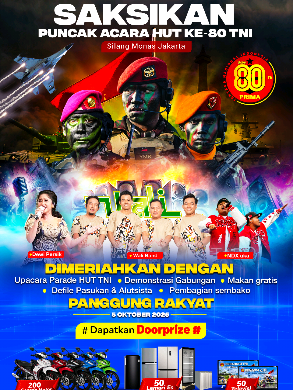 Mari Rayakan HUT ke-80 TNI! ✨ #SobatKemhan, mari bersama-sama menyemarakkan Hari Ulang Tahun ke-80 Tentara Nasional Indonesia sebagai momentum bersejarah untuk memperkokoh sinergi, soliditas, dan kemanunggalan TNI dengan rakyat. Perayaan ini bukan sekadar seremoni, melainkan wujud nyata semangat kebersamaan, pengabdian, dan pengorbanan TNI dalam menjaga kedaulatan serta mengawal persatuan bangsa. Dengan dukungan seluruh elemen masyarakat, HUT TNI ke-80 menjadi tonggak penting untuk semakin mempererat hubungan TNI dan rakyat, demi terwujudnya Indonesia yang kuat, maju, dan sejahtera. 🇮🇩 📍 Silang Monas, Jakarta 🗓️ Minggu, 5 Oktober 2025 ________ Celebrate the 80th Anniversary of the Indonesian National Armed Forces (TNI)! ✨ #SobatKemhan, let us join in celebrating the 80th Anniversary of the Indonesian National Armed Forces (TNI)—a historic moment to strengthen synergy, unity, and the enduring bond between TNI and the people. This celebration is more than a ceremony; it is a true manifestation of the spirit of togetherness, devotion, and sacrifice of TNI in safeguarding sovereignty and preserving national unity. With the support of all elements of society, the 80th Anniversary of TNI stands as a milestone to further reinforce the bond between TNI and the people, towards a stronger, more advanced, and prosperous Indonesia. 🇮🇩 📍 Silang Monas, Jakarta 🗓️ Sunday, 5 October 2025 #Kemhan #KemhanRI #HUTTNI80 