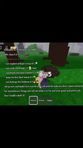 Finding a team!!! 2/5  Don't build a shelf and pls do ur roles!! :D Just drop ur user and your days should be 300+ days ;)  I'll be the cooker/chef, while Rina will build the base!! >< ---------------------------------------- #xyzbca #fyp #followme #findingateam  #99nights 