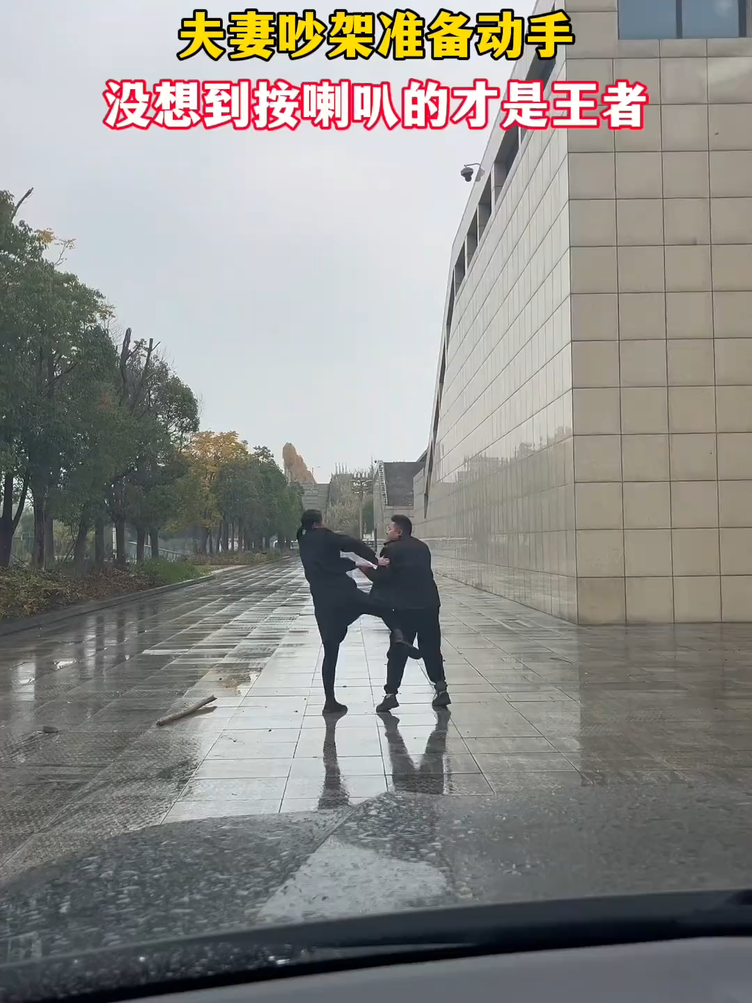7307037012077350195夫妻吵架准备动手，没想到车内按喇叭的才是王者！