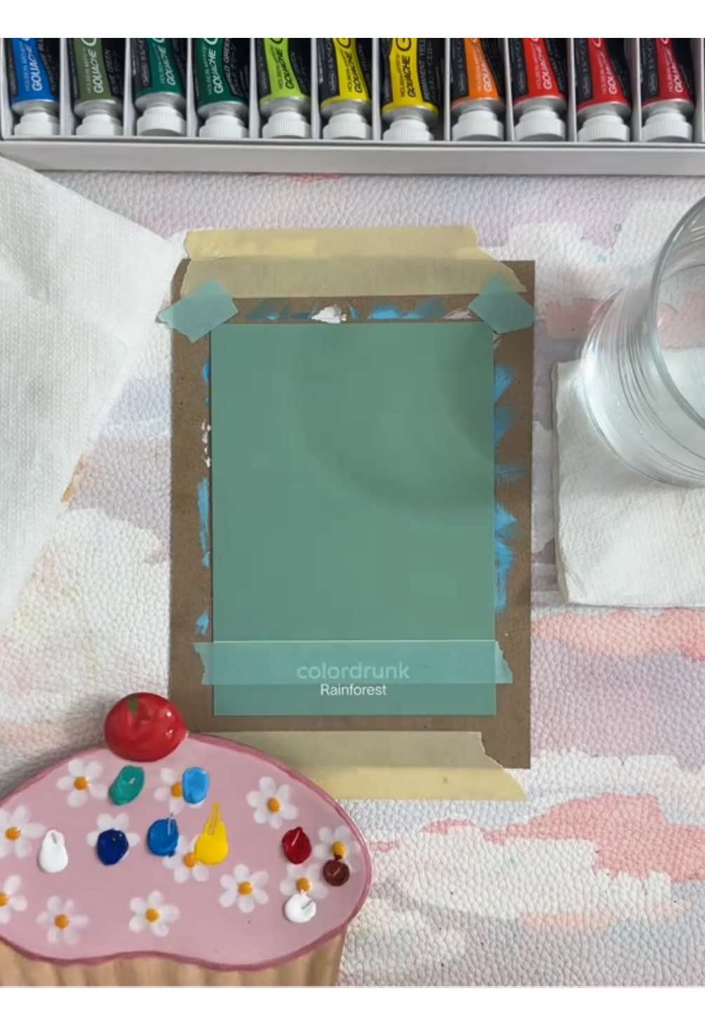 day 2/30 of the #colorcardchallenge with @colordrunk.co - rainforest  just trying to do what i want!!! (i know i said sue me but please don’t) 🩵 saying everything i want to say in three minutes is tough but i’m doing my best and i hope you’re enjoying!  #painting #gouache #art