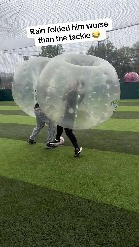 Bro got KO’d by drizzle 💀 #spartacusbubblesoccer #footballfunny #viralvideos #zorbing #bubblefootball 