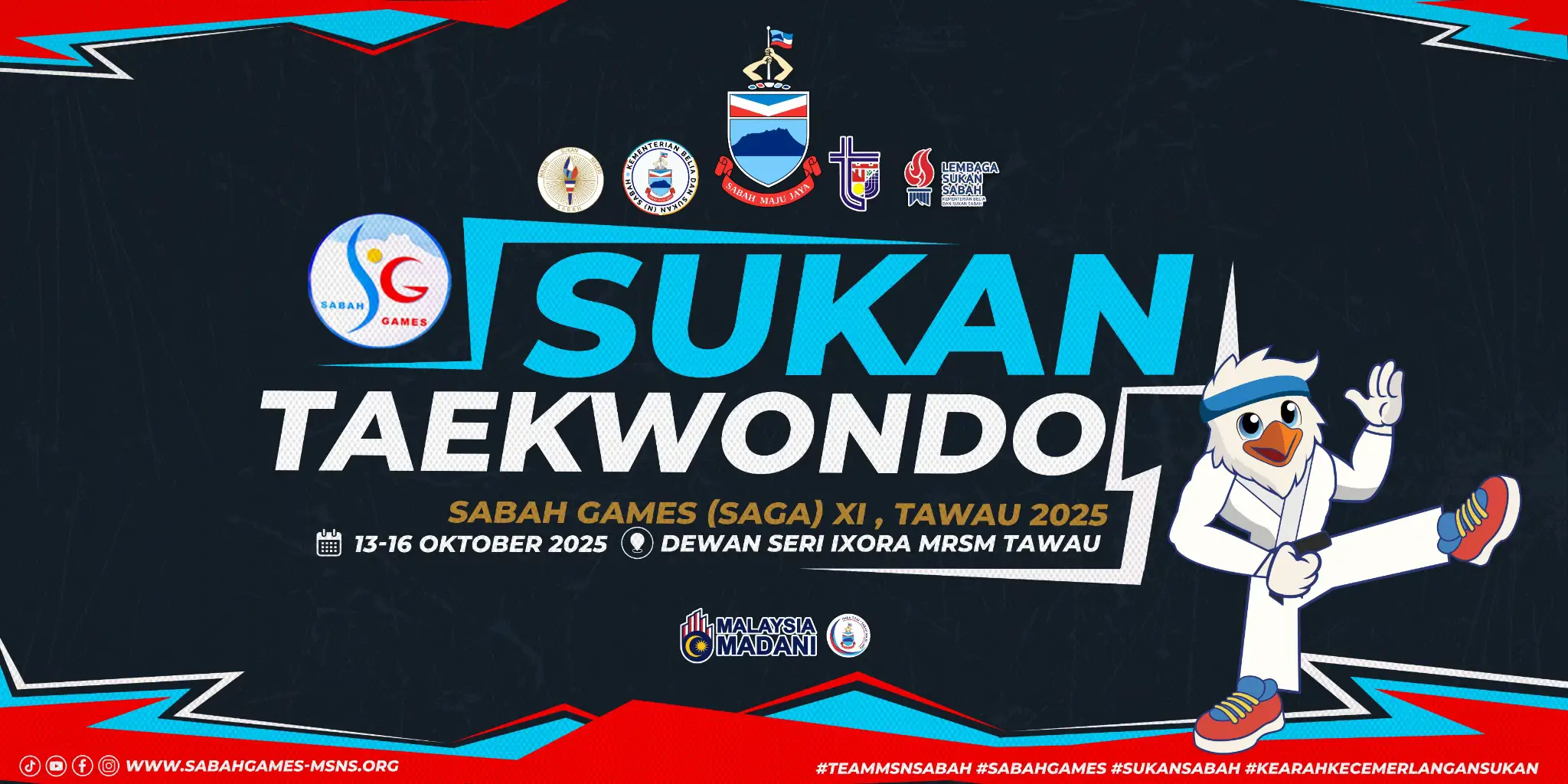 🎉🏅 SUKAN SABAH (SAGA) XI TAWAU 2025 🏅🎉 📍 Tawau, Sabah | 📅 Tahun 2025 🎯 SATU SEMANGAT, SATU SABAH! Warga Tawau dan seluruh Sabah! Jom datang beramai-ramai memeriahkan SUKAN SABAH XI (SAGA 2025), pesta sukan terbesar negeri yang menggabungkan semangat kesukanan, perpaduan dan kebanggaan! 🔥 Saksikan kehebatan para atlet dalam 25 acara sukan penuh aksi! Setiap detik adalah sejarah. Jangan lepaskan peluang! 🎽 1. BERBASIKAL Deruman roda, kelajuan meluncur! Saksikan pelumba terbaik beradu kuasa di jalanan Tawau! 🏸 2. BADMINTON Smash padu dan aksi pantas! Siapakah jaguh gelanggang bulu tangkis? 🏐 3. BOLA JARING Taktikal dan kerjasama pasukan wanita Sabah bersaing kejuaraan. 🏀 4. BOLA KERANJANG Dunk, dribble dan sorakan membara! Jangan ketinggalan! ⚽ 5. BOLA SEPAK LELAKI Tendangan emas dan jaringan dramatik! Rasa gegaran stadium dengan sokongan anda! 🏐 6. BOLA TAMPAR Spike berapi, servis bertenaga – aksi yang takkan mengecewakan! 🥏 7. BOLING PADANG Seni ketepatan yang memerlukan fokus. Datang dan kenali sukan unik ini! 🎮 8. E-SPORTS Aksi maya yang real! Dunia digital bertembung strategi dan refleks – live di skrin besar! ⚽ 9. FUTSAL Pantas, padat dan penuh skill! Arena kecil, impak besar! ⛳ 10. GOLF Ayunan berkelas di padang hijau. Tenang tapi penuh ketegangan. 🏑 11. HOKI Aksi penuh tenaga, serangan pantas dan jaringan mengejutkan! 🥋 12. KARATE ‘Kiai!’ bergema! Semangat disiplin dan teknik dipertaruhkan! 🏹 13. MEMANAH Bidikan tepat menuju kejuaraan! Fokus yang mendebarkan! 🥊 14. MUAY THAI Seni tempur yang menguji ketahanan dan kekuatan sebenar! 🏃 15. OLAHRAGA Lari, lompat dan lontar! Pentas utama para jaguh memburu pingat. 🥋 16. PENCAK SILAT Seni warisan bangsa, penuh gaya dan tenaga. Jangan lepaskan! 🥌 17. PETANQUE Lemparan tenang yang mendebarkan. Cubalah saksikan sendiri keunikan sukan ini! 🏓 18. PING PONG Pantas, tepat dan dramatik! Ayuh tonton aksi penuh intensiti! 🏉 19. RAGBI Tubuh ke tubuh, strategi dan kekuatan bersatu! Suatu pertarungan sengit menanti. 🏐 20. SEPAK TAKRAW Tendangan libas yang memukau! Sukan tradisional yang sentiasa memikat! 🥋 21. TAEKWONDO Tendangan bergaya dan semangat juang tinggi! Aksi luar biasa! 🎾 22. TENIS Servis kilat, pukulan tepat – pertarungan minda dan fizikal! 🥊 23. TINJU Tumbukan tepat ke arah kejayaan! Kekuatan, ketangkasan dan keberanian diuji! 🥋 24. WUSHU Gabungan seni dan kekuatan dalam gerakan yang memukau mata! 🎊 MASUK ADALAH PERCUMA! 🫱🏽‍🫲🏼 Jom bawa keluarga, rakan-rakan, jiran tetangga! Mari sama-sama sokong atlet Sabah dan cipta semangat perpaduan melalui sukan! 📣 Buktikan bahawa TAWAU SIAP MEMPESONA sebagai tuan rumah terbaik! 📆 Nantikan jadual rasmi perlawanan dan acara di media sosial & saluran rasmi SAGA XI. 📍 Lokasi acara: Pelbagai venue di sekitar Tawau – dari padang ke gelanggang hingga ke dunia maya! 💬 Untuk maklumat lanjut: 🌐 [https://www.sabahgames-msns.org/] 📲 Ikuti kami di media sosial: @Sabah Games - SAGA 🔊 SUKAN SABAH XI - TAWAU 2025 ✨ SATU SEMANGAT, SATU SABAH! 📍 Jumpa anda di sana!