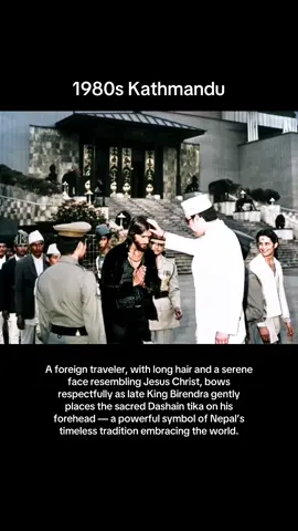 A foreign tourist, resembling Jesus Christ, receiving Dashain tika from late King Birendra 🙏 A rare cultural moment. 📸 Credit: Jim Goodman, recreated into AI video #Dashain #NepalHistory #KingBirendra #JimGoodman #NepalTradition    