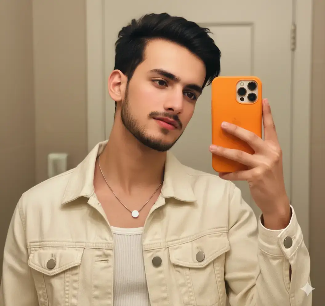 𝙂𝙚𝙢𝙞𝙣𝙞 🙈🙊 :Prompt : Use 100% face and body above uploaded photo and Upload my picture making taking a mirror selfie with an orange colour iphone 17 pro max phone. He is wearing a cream/off-white denim jacket over a white ribbed tank top. A silver chain with a white pendant is visible. The lighting is soft and warm. Close-up, high-detail portrait. Don't change face.100% #gemini #Chatgpt #viralaccount🙏🙏🙏🙏❤❤❤🙏🙏🙏🙏🙏🙏 #fyppppppppppppppppppppppp #growaccount 