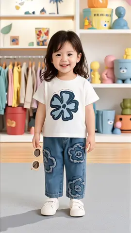 Setelan anak perempuan baju anak motif sweet flowers celana jeans denim usia 1-5 tahun