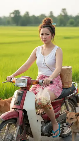 #Aiสร้างวีดีโอผู้หญิงกำลังขับมอเตอร์ไซต์ เลี้ยวไปทางขาว แล้วก็เลี้ยวไปทางซ้ายสลับไปมา