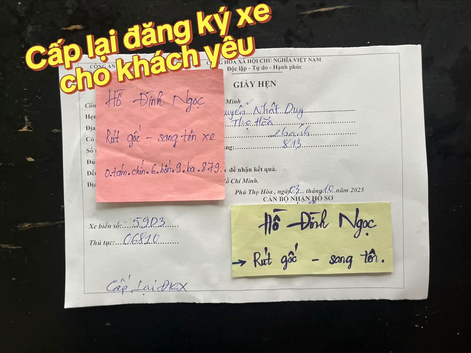 T6 03/09/2025 em đã hoàn tất thủ tục cấp lại đk xe, cavet xe -chân thành cảm ơn anh/chị đã tin tưởng! 🥰 CHÚNG EM NHẬN HỖ TRỢ🥰 • RÚT GỐC HS XE MÁY, ÔTÔ • SANG TÊN CHÍNH CHỦ, KHÔNG CHÍNH CHỦ • CẤP LẠI ĐK XE, BS XE • CÀ SỐ KHUNG SỐ MÁY TẬN NHÀ (ÔTÔ, XE MÁY) • CẤP ĐỔI MÀU SƠN XE 🥰 Làm việc nhanh chóng – rõ ràng – đúng quy trình pháp lý 🥰 Phục vụ tại TP.HCM và các khu vực lân cận 🥰 Uy tín tạo nên chất lượng – rất mong tiếp tục đồng hành cùng quý khách! #rutgocxemay #sangtenxechinhchu #dichvuxe  #thinhhanh #xuhuong 