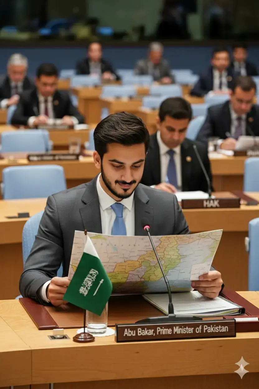 bubu 🥹 prompt :Ultra-realistic, high-detail photograph of a sophisticated man, mid-30s, with a well-groomed dark beard and styled dark hair. Setting & Pose: Seated at a polished, light-brown wooden desk in a formal, **United Nations-style conference hall**. The man is looking **down** with a **slight, gentle smile** at a **large, unfolded map (a topographical or political map of a country, held open)** he is holding in his hands, resting slightly above the desk in front of him. His body language is **relaxed and focused** on the map. Outfit: He is wearing a **sharp dark grey or charcoal suit**, a **crisp white shirt**, and a **light blue tie**. Props on the desk: Two small desk flags: one representing **Saudi Arabia** and the other representing **Pakistan**. A clear glass of water. A brown nameplate that reads: **