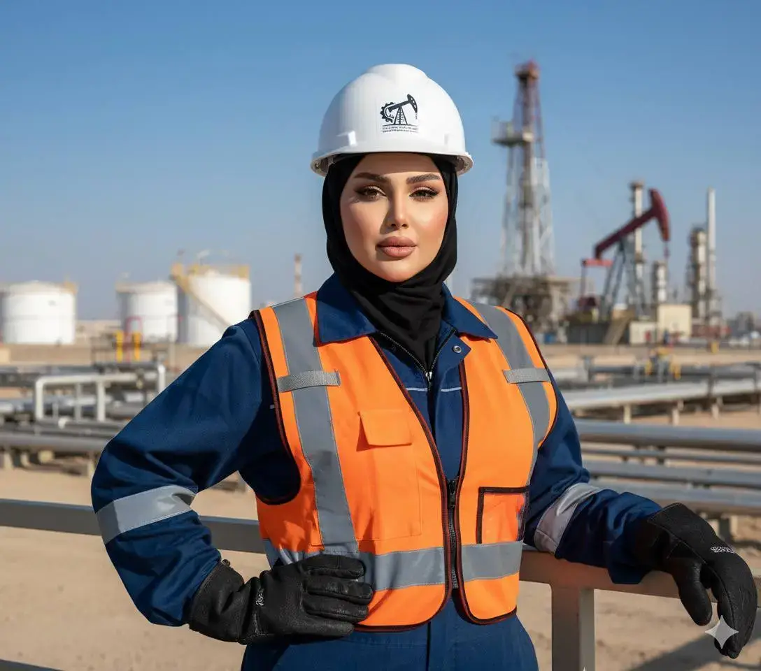 A realistic professional portrait of a woman engineer at an oil field. She is wearing a blue coverall uniform, an orange reflective safety vest, black gloves, a black headscarf under a white safety helmet with a company logo. The background shows an oil refinery with storage tanks, pipelines, and drilling rigs. The lighting is natural daylight with a clear sky. The atmosphere is professional, confident, and industrial.