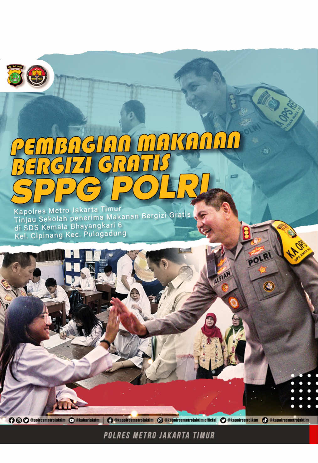 Hari ini saya melaksanakan kegiatan di SDS Kemala Bhayangkari 5, salah satu penerima manfaat SPPG Cipinang. Sebelumnya, saya bersama jajaran melakukan pengecekan dapur SPPG untuk memastikan makanan bergizi dan sehat tersaji dengan baik bagi anak-anak kita. Mari kita jaga bersama generasi penerus bangsa agar tumbuh sehat, cerdas, dan berkarakter!  #jagajakarta #PolisiSahabatAnak  #sppgpolri 