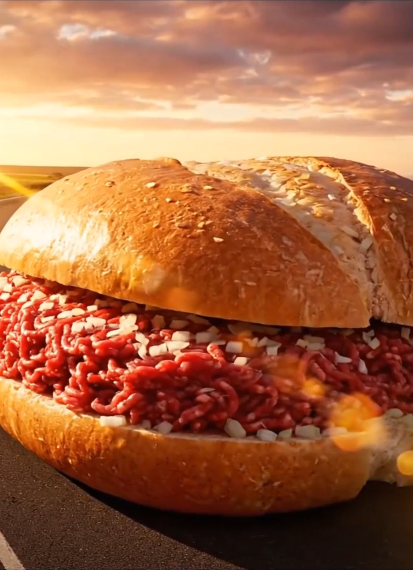 „Aus Bayern kommt nicht nur Technik. Sondern auch das ultimative Brötchen. 🥖🥩🧅 Die Zukunft fährt roh. – Bayerische Mett Werke“ #BayerischeMettWerke #TheUltimateMettMachine #Mettbrötchen #FoodParody #Mett 