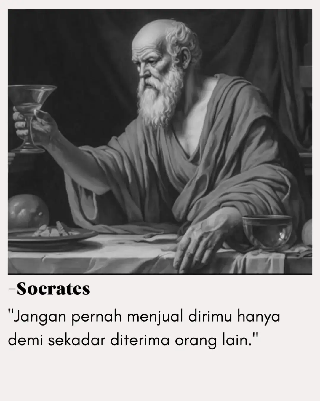 Socrates mengingatkan kita bahwa harga diri dan keaslian jauh lebih berharga daripada sekadar pengakuan sosial. Terlalu sering manusia mengorbankan jati dirinya, berpura-pura, bahkan melawan nurani, hanya demi dianggap layak oleh orang lain. Padahal, penerimaan yang lahir dari kepura-puraan hanyalah penjara baru bagi jiwa. Menjadi diri sendiri mungkin tidak selalu membuat kita disukai semua orang, tapi itu menjadikan kita utuh. — Ralph Waldo Emerson, seorang filsuf Amerika, menegaskan hal serupa: 
