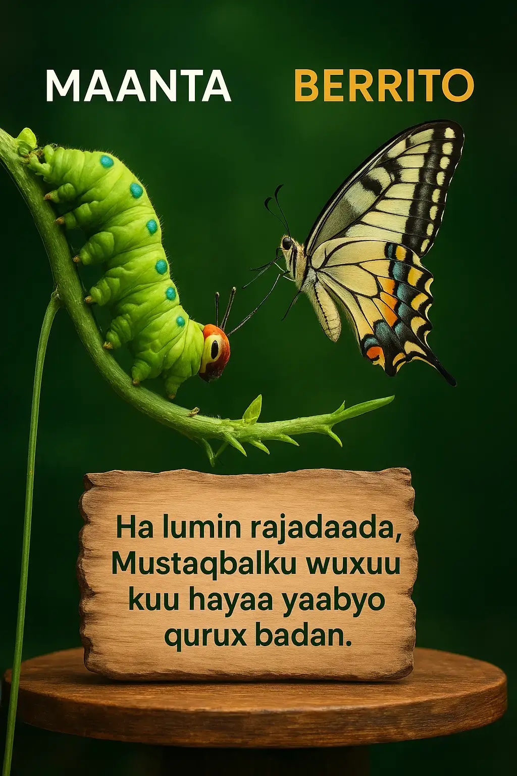 Noloshu waa safar isbeddel iyo horumar ah. Maanta waxaa laga yaabaa inaad dareento sidii cayayaan yar oo soconaya si tartiib ah, laakiin berrito waxaad noqon kartaa balanbaalis qurux badan oo duulaysa si xor ah. Ha lumin rajadaada, sababtoo ah Ilaahay mar walba wuxuu kuu hayo yaabyo iyo barakooyin aanad weli arag. Isbeddelka ugu quruxda badan wuxuu yimaadaa marka aad rumaysato in safarkaagu u qalmo dulqaad iyo rajo. Marka noloshu kuu ekaato mid gaabis ah ama adag — xasuuso cayayaankaas yar ee isu beddelay balanbaalis.