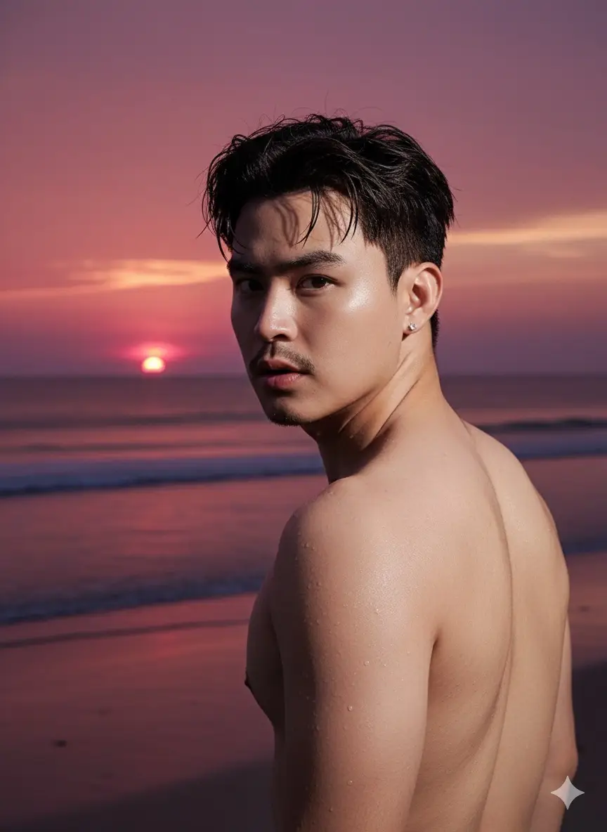 Step 1: Open Gemini Step 2: Upload Photo Step 3: Copy prompt Prompt: Please create a vertical potrait shot in 1080x1920 format using the exact same face features. Natural medium messy hair. Dramatized the subject's jawline, the composition evokes quite dominance and sculptural elegance. The background is a beach with sunset like the sun has 75% set leaving purple red sky. Captured with a flash and my face is a bit glittery and glowing. The picture is taken from behind my back and l've been told to turn for a picture. Topless with water on body like it just finished swimming. Muscular body. Add a men's diamond earrings. Add a sun setting at the horizon. #gemini #prompt #BesTsuki #fyp: #ai 