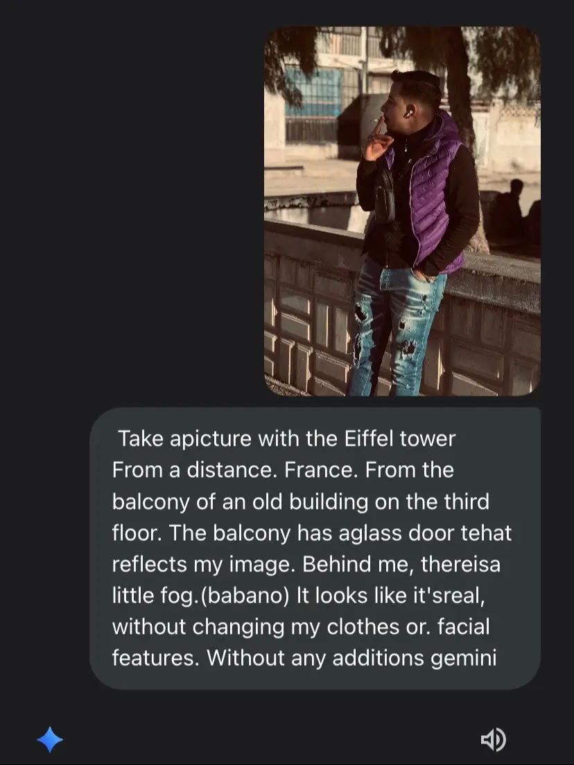 🤲🏻🇫🇷 Take a picture with the eiffel tower from a distance. France. From the balcony of an old building on the third floor. The balcony has a glass door that reflects my emage. Behind me, there is a little fog. it looks like it's real without changing my clothes or facial features without any additions