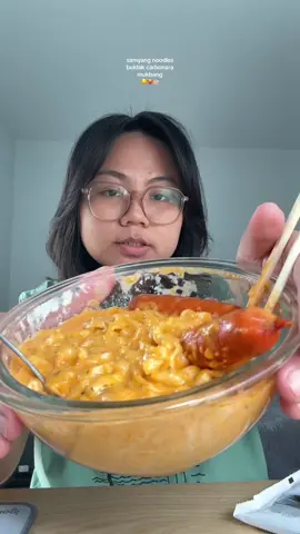 no talking cheesy creamy buldak carbonara noodles mukbangggg 😋🤤🥵 #FoodTok #mukbang #notalking #foodcontentcreator #foodietok buldak carbonara mukbang