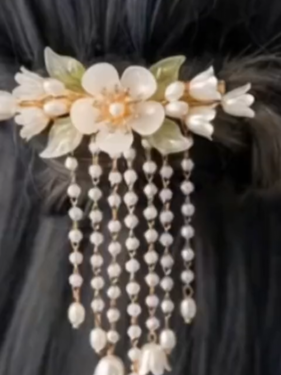 Flower Pearl Tassel Hair Clip  Hair Accessory Chinese Costume Accessory  #flowerhairclip #hairclip  #hairaccessory #costumeaccessory  #jolenscharm 