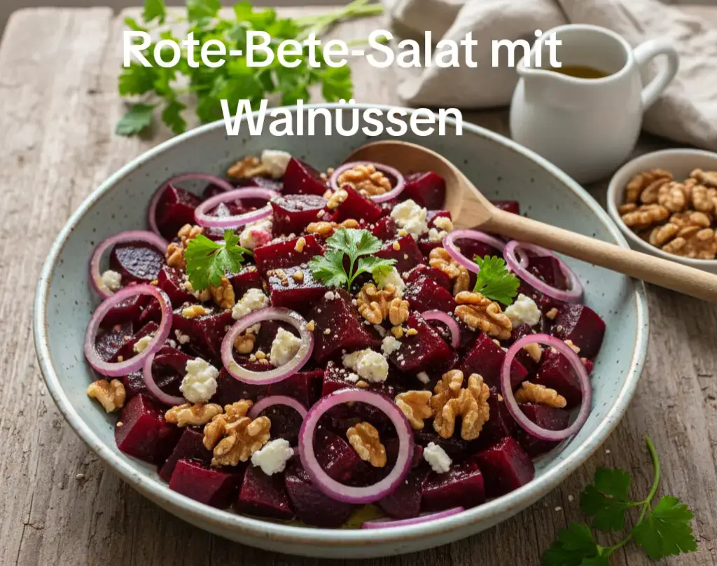 Zutaten (für 2–3 Portionen) 3–4 Knollen Rote Bete (gekocht, vakuumiert oder frisch gegart) 1 kleine rote Zwiebel 50 g Walnüsse (leicht angeröstet) 100 g Feta oder Ziegenkäse (optional) 2 EL Olivenöl 1 EL Balsamico-Essig 1 TL Honig oder Ahornsirup Salz & Pfeffer nach Geschmack frische Petersilie oder Rucola zum Garnieren --- Zubereitung 1. Rote Bete vorbereiten – Falls du frische Rote Bete nutzt: ca. 40–50 Minuten in Salzwasser garen, schälen und abkühlen lassen. – Vorgegarte Knollen einfach in Würfel oder Scheiben schneiden. 2. Zwiebel schneiden Die rote Zwiebel in feine Ringe oder kleine Würfel schneiden. 3. Walnüsse rösten Walnüsse ohne Fett in einer Pfanne kurz anrösten, bis sie duften. 4. Dressing anrühren Olivenöl, Balsamico, Honig, Salz und Pfeffer verrühren. 5. Alles vermengen Rote Bete, Zwiebel und Dressing mischen. Mit Walnüssen und optional Feta bestreuen. 6. Servieren Mit frischer Petersilie oder Rucola garnieren. #rotebete #salat #walnuss #food #FoodTok 