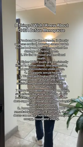 8 Things I Wish I Knew About DHEA Before Menopause ✨ 	1. Made by the adrenals, it directly balances cortisol, protecting the body from the wear and tear of chronic stress. 	2. It’s deeply connected to mood and emotional health. 	3. Higher DHEA is linked to better mood, less depression, and more resilience under stress. 	4. It supports sexual health at every stage of life. 	5. Women with higher DHEA report stronger libido, arousal, and sexual satisfaction—even post-menopause. 	6. When it comes to DHEA, dose matters. 	7. More is not better. Over 10 mg daily, side effects like acne, irritability, and hair loss can show up. The key is low-dose support to restore balance without overshooting. 	8. Among hormones that decline with age, DHEA is one of the most responsive. Even small, clean doses can noticeably improve energy, mood, and vitality. That’s why Raena’s DHEA is formulated in physiologically matched doses, it mimicks what the body naturally produces, so you get safe and effective support without over doing it!  #dhea #menopausehelp #hormonebalance