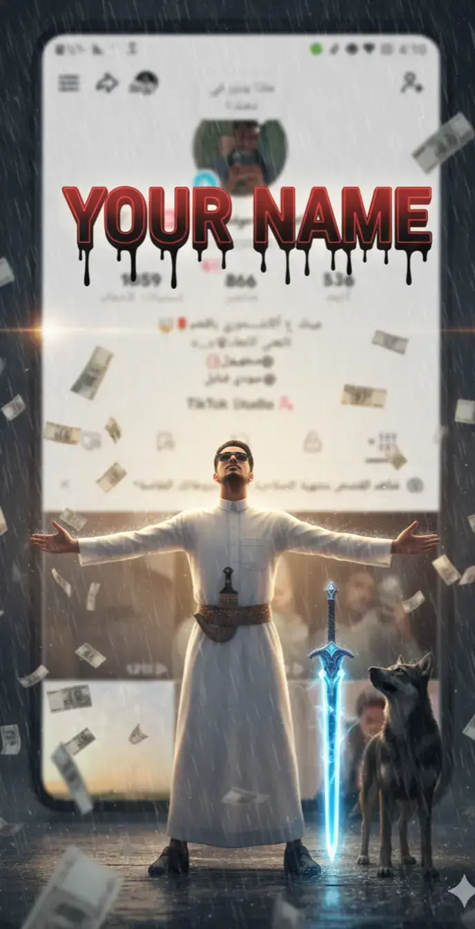 # Create a cinematic digital poster for a tiktok user. In the background, clearly display the uploaded profile screenshot without binding or blurring any part. 414 The image should remain sharp and readable, showing every detail that naturally appears in the profile (such as stats, icons, texture, badges, numbers, tags, buttons) and must be fully visible and understand to the viewer. In the foreground, place the upload character image standing in a proud, victoriespose–with both arms stretched outward (T-pose) The character’s head should be titled slightly upward, facing the sky with a heroic and thankful experience. Include a glowing blue sword by his side and his pet standing nearby. Add dramatic rain, flying money, cinematic glow and soft shadows to enhance the character and profile are clearly visible and not overlappingconfusingly. In the centres of the poster overlay bold, glowing, 3D gaming tyle text:”YOUR NAME”–using a bleeding black- red blood effect, where blood drips from the text downward in a floating gradient style