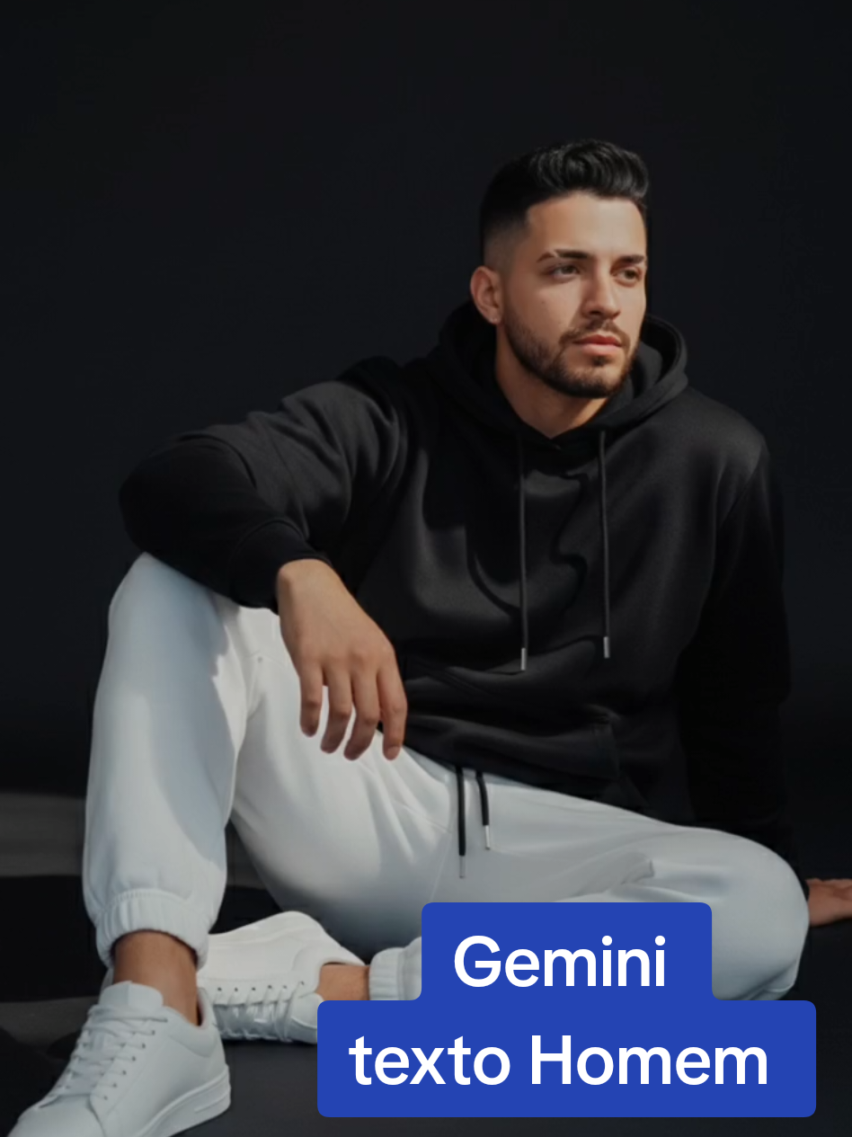 Gemini texto para homem  Create a stylish fashion editorial photo of the same person in the input image, without changing their facial features, identity, or natural look. The person is wearing an oversized Black sweatshirt and white sweatpants, paired with white sneakers. Use a soft black studio backdrop with soft cinematic lighting, highlighting textures. Futuristic editorial style. The model is sitting elegantly with head slightly tilted and a relaxed posture. Keep the face, expression, skin tone, and hair exactly the same as the input photo. Photorealistic, high-resolution, professional look. #foryou #passoapasso #trend #gemini #50cent 