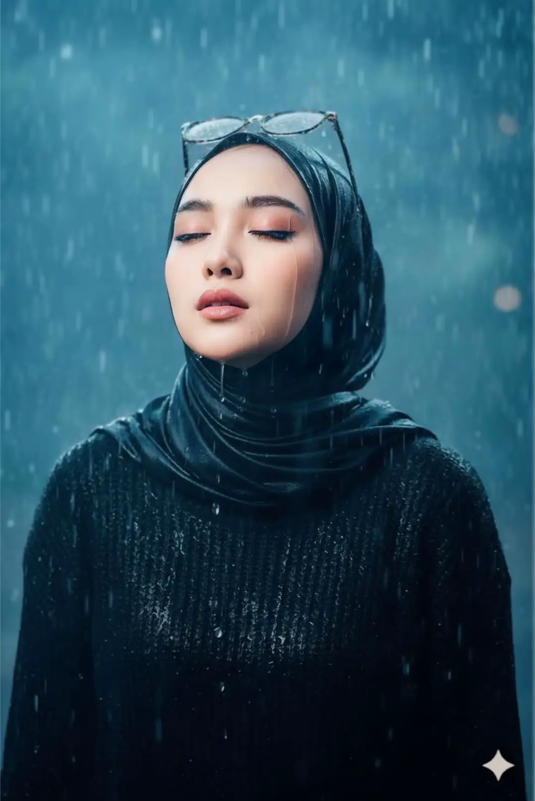 Prompt: Edit foto tanpa mengubah wajah asli, Seorang wanita bergaya sesuai karakteristik pada foto terlampir, berdiri di bawah hujan deras, basah kuyup dan ekspresif, mengenakan sweeter hitam dan hijab pasmina hitam. la menatap ke atas dengan mata terpejam ekspresi sinematik dan emosional serta kacamata yang diselipkan diatas kepala. Tetesan hujan tampak melayang di udara, pencahayaan dramatis dengan nuansa dingin kebiruan, kabut lembut di latar belakang, kedalaman bidang yang dangkal, gaya editorial untuk pemotretan fashion, estetik di tangkap dalam resolusi ultra-tinggi. Format 1080x1350.