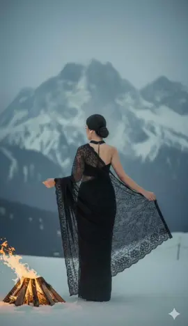 Lagi suka yang versi videonya 😍 Prompt : Edit gambar ini menjadi seorang wanita yang mengenakan sari (pakaian tradisional India) berwarna hitam dengan latar belakang pegunungan yang tertutup salju. Tokoh Utama  * Wanita: Seorang wanita muda yang tampak elegan dan anggun berdiri di tengah.    * Pakaian: Ia mengenakan sari hitam yang terdiri dari rok (petticoat dan/atau rok sari) dan blus tanpa lengan (choli).      * Blus (Choli): Blus berwarna hitam, kemungkinan dengan detail renda atau bahan tipis (sheer) di bagian atas atau leher.      * Sari: Kain sari (pallu) sebagian besar terlihat terbuat dari bahan renda atau jaring (lace or net) hitam dengan pola bunga atau geometris yang rumit dan semi-transparan. Kain tersebut melilit tubuhnya dengan elegan, memperlihatkan sedikit kulit di bagian perut karena sifatnya yang transparan, dan terlempar di atas bahu kirinya.    * Penampilan: Rambutnya ditata rapi dalam sanggul rendah atau cepol. Ia mengenakan anting-anting kecil yang berkilauan. Ekspresinya tampak tenang dan pandangannya sedikit mengarah ke atas atau ke kejauhan di sebelah kanannya.    * Postur: Ia berdiri tegak dengan postur yang memesona, dengan kain sari yang sedikit tertiup angin di sisi kanannya. Latar Belakang dan Suasana  * Lingkungan: Latar belakangnya adalah pemandangan pegunungan bersalju. Puncak-puncak gunung yang besar dan tertutup salju terlihat samar-samar di kejauhan, menciptakan kontras yang dramatis.  * Permukaan Tanah: Permukaan tempat wanita itu berdiri juga tertutup salju putih.  * Pencahayaan dan Warna: Langit di latar belakang tampak mendung atau senja, berwarna biru keabu-abuan, yang menambah kesan dingin dan puitis. Warna hitam pekat sari sangat kontras dengan putih dan abu-abu salju dan langit, menonjolkan subjek. Elemen Tambahan  * Api Unggun: Di sebelah kiri bawah gambar, terdapat api unggun kecil yang menyala. Api berwarna kuning-oranye terang memberikan satu-satunya sumber warna hangat dan menciptakan kontras tekstur dan suhu yang kuat (panas api versus dinginnya salju). Kayu yang terbakar terlihat menumpuk di tempat api. Kesimpulan Gambar ini menangkap momen yang sangat sinematik dan artistik, menggabungkan keindahan pakaian tradisional India yang sensual dengan latar belakang alam yang keras dan dingin. Kontras antara api dan salju, serta antara sari hitam dan lingkungan putih, memberikan kesan yang kuat dan dramatis. Jangan ubah wajah aslinya dan mirip 100% #gemeniai #prompt #fyppppppppppppppppppppppp #india #videoai 