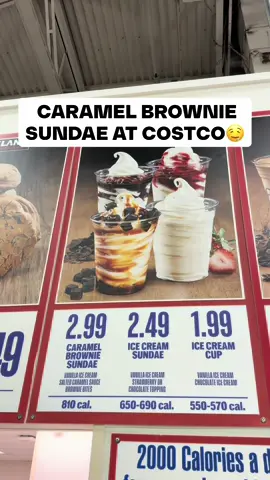 🤤 NEW Caramel Brownie Sundae at Costco! Made with vanilla ice cream, salted caramel sauce, and chocolate brownie bits…it’s seriously SO tasty! 😋 Just $2.99 at the food court! #costco 