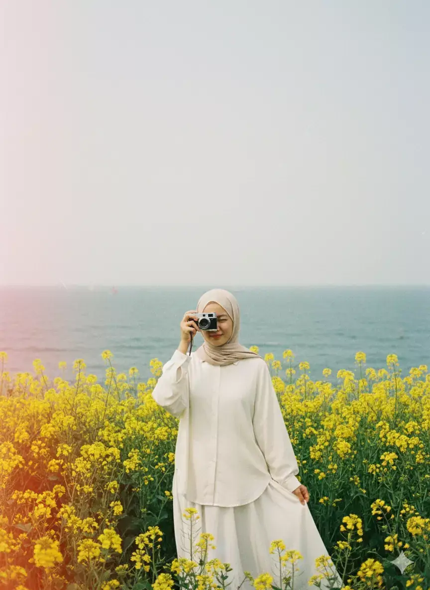 prompt: buatlah foto ini menajdi Sebuah foto luar ruangan bergaya vintage dan aesthetic dengan pencahayaan yang lembut dan agak terang (overexposed). Subjek Utama: Seorang wanita muda (atau gadis) yang berhijab pashmina berwarna cream soft, di tengah bingkai, berdiri menghadap kamera dan membelakangi laut. Dia mengenakan pakaian serba putih (atau off-white): atasan kemeja lengan panjang dan rok panjang berayun (atau gaun). Pakaiannya bergaya minimalis dan flowy. Wanita tersebut sedang memegang dan melihat melalui viewfinder kamera film vintage (atau kamera saku kecil) di depan wajahnya, seolah sedang mengambil foto. Latar Depan dan Tengah: Latar depan didominasi oleh padang rumput berbunga kuning cerah yang rimbun dan tinggi, menyerupai bunga kanola atau sejenisnya. Bunga-bunga kuning ini memenuhi hampir seluruh bagian bawah bingkai dan membingkai subjek. Latar Belakang: Di belakang subjek dan padang bunga terdapat lautan biru tua (atau biru kehijauan) yang luas. Garis horizontal yang jelas memisahkan lautan dengan langit. Di kejauhan, terlihat samar-samar beberapa bentuk kapal atau perahu kecil di atas air. Langit berwarna abu-abu muda/putih dan kabur (hazy) atau berkabut (misty), menunjukkan hari yang cerah tetapi dengan kelembapan tinggi atau polusi udara yang jauh, yang berkontribusi pada atmosfer lembut dan dreamy. Gaya dan Estetika: Warna dan Tone: Palet warna didominasi oleh kuning cerah, putih, dan biru tua. Tone keseluruhan hangat dan lembut. Efek/Filter: Gambar memiliki butiran halus (grain) khas foto film (film grain) atau filter vintage, dengan kontras yang rendah dan saturasi yang sedikit pudar (desaturated), memberikan nuansa nostalgia atau gaya Ghibli/K-Drama aesthetic. Komposisi: Subjek diposisikan di tengah, dikelilingi oleh bunga, dan menggunakan aturan sepertiga secara vertikal dengan garis horizon yang rendah. Kata Kunci Tambahan: Vaporwave Cottagecore Musim semi Padang bunga Pantai Pemandangan indah Fotografi film 35mm Light leak jangan ubah wajah  #trend #geminiai #prompt #fotoestetik #fyp 