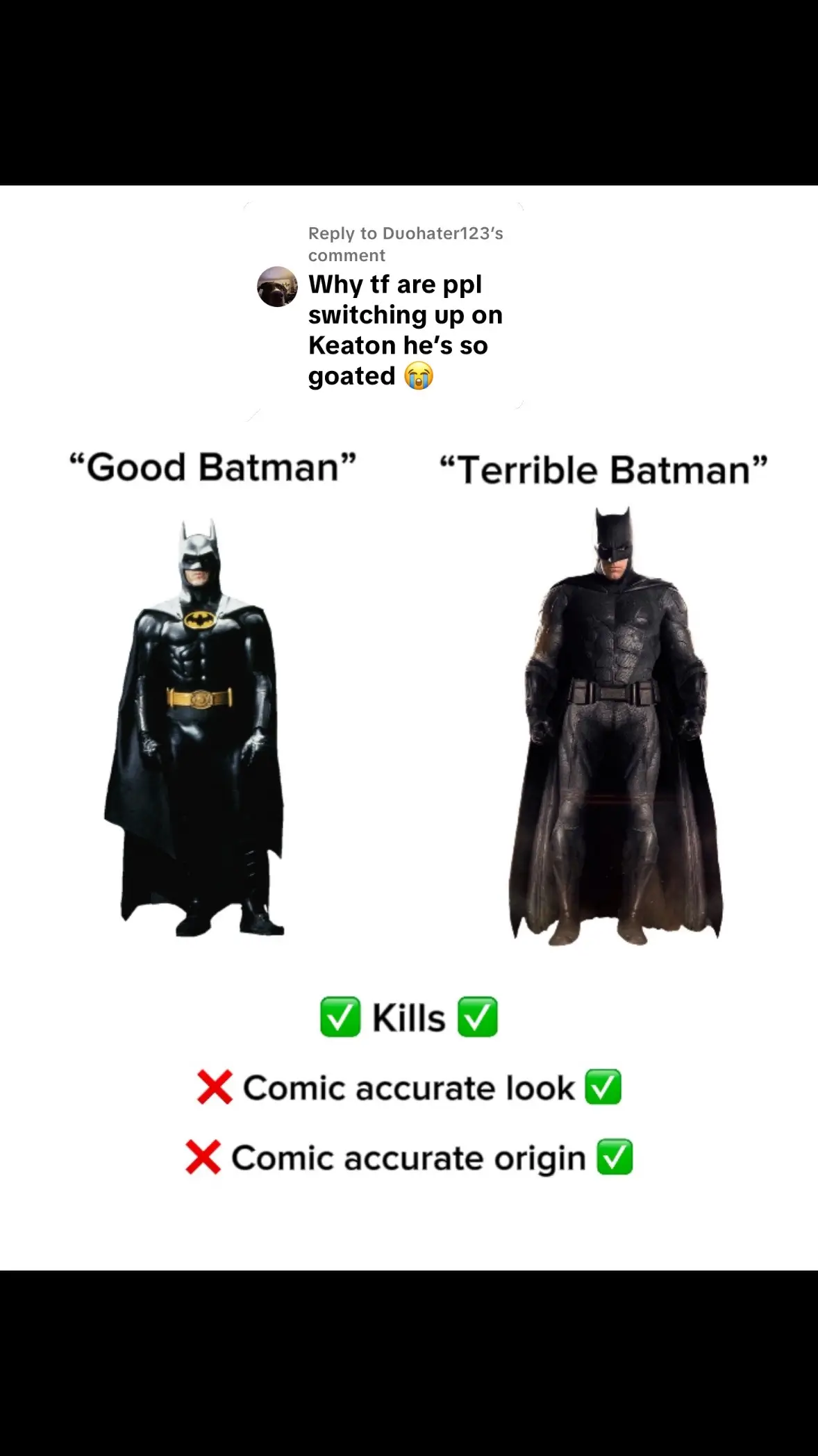 Replying to @Duohater123 I’m not even an Affleck defender btw ##batman##dc##michaelkeaton##dccomics##benaffleck