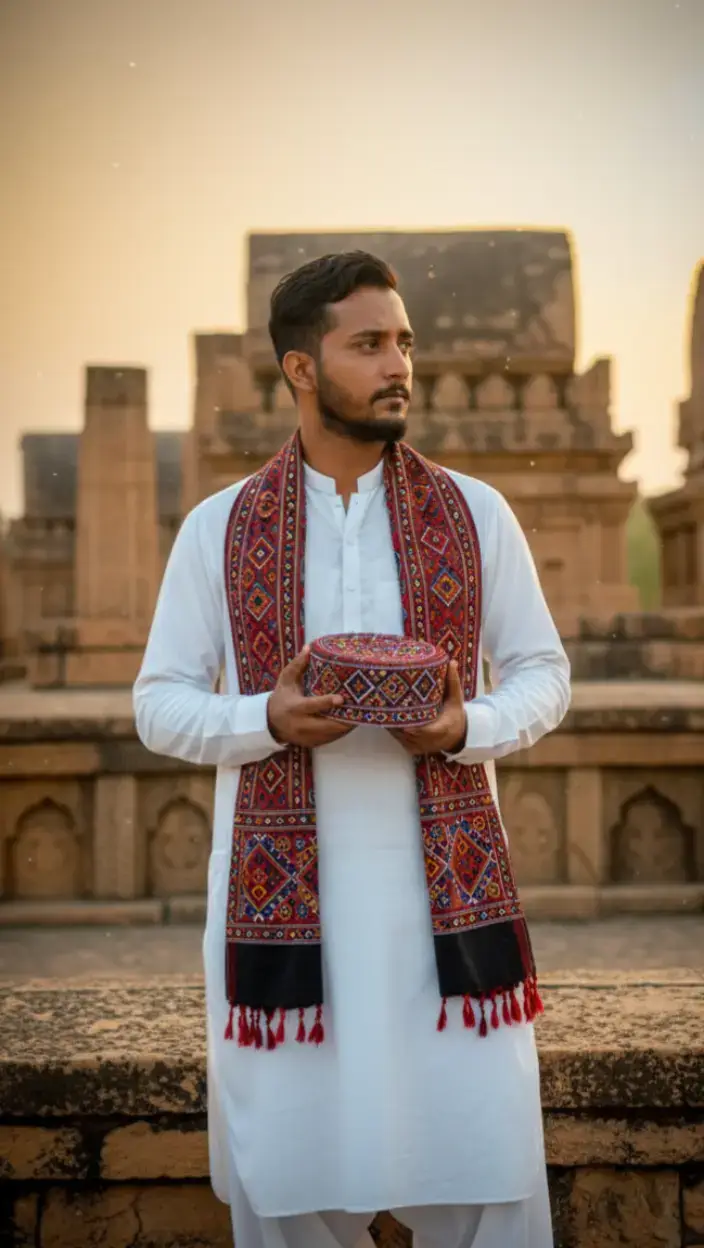 Portrait of a 24-year-old Sindhi man, dressed in a pure white shalwar kameez with an Ajrak draped gracefully across his shoulders, standing amidst the timeless beauty of Makli Necropolis in Thatta. In his hands, he gently holds a Sindhi topi, his eyes reflecting deep thought as he gazes at the ancient tombs. The golden rays of the setting sun cast a warm glow, bringing out the intricate carvings and stonework of the centuries-old ruins. Captured in DSLR 8K with cinematic lighting, every detail speaks of heritage and tradition. Make Sure the face is 100% same as in the reference image.#googlegimini #foryou #trending #riyazahmed #Ai
