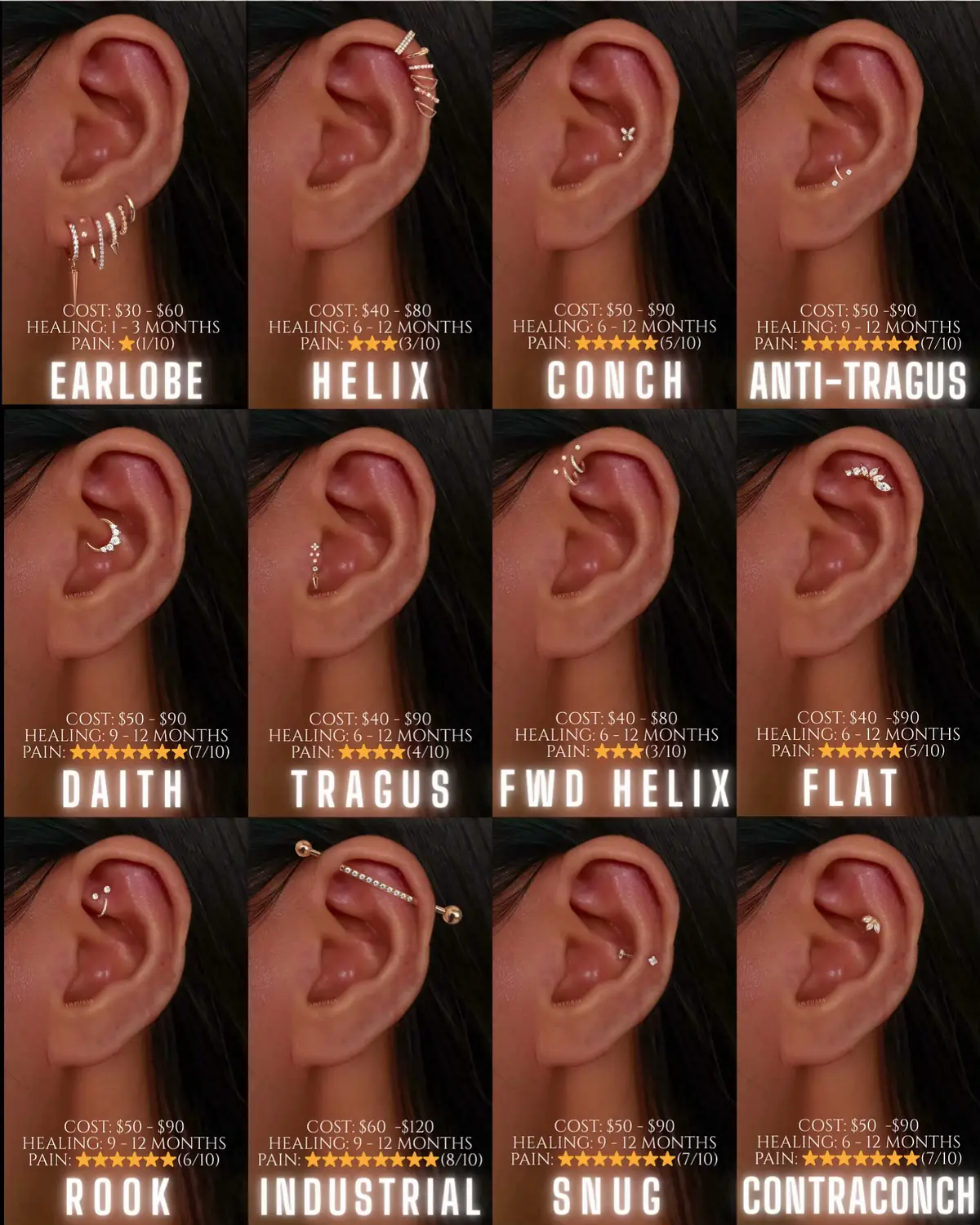 ✨ Thinking about a new ear piercing? We put together the ultimate guide on ALL cartilage piercings 👂💎 From cost to pain levels to healing time — it’s all in there. Check it out and let us know in the comments if you agree (or disagree 😉)! #earpiercings #piercing #helixpiercing #earrings #jewelry 