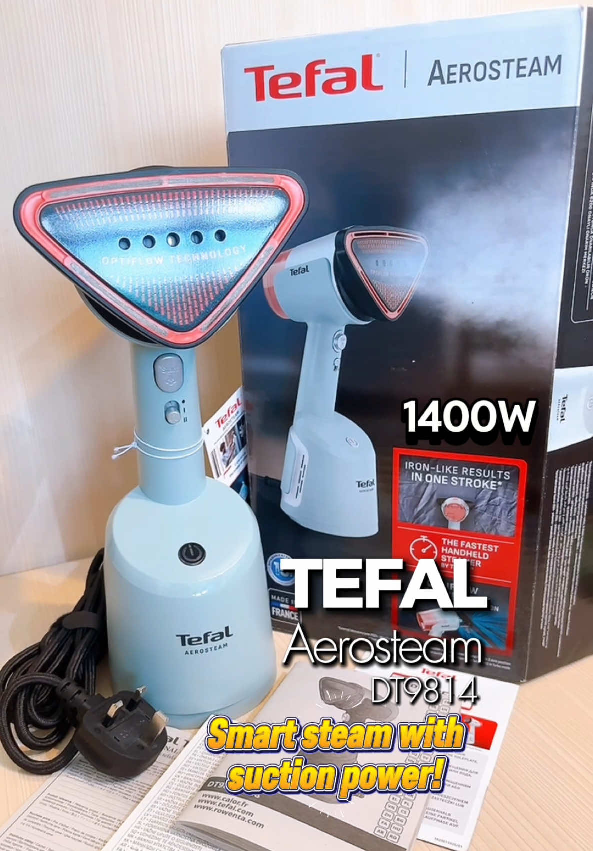 (NEW!) TEFAL Aerosteam DT9814 Portable Garment Steamer Steam Clothes Iron, 1400W, 3 Pin Plug, 18000 RPM, 100ml Removable Water Tank, 3 Steam Settings, Optiflow Technology ( Steam + Suction ), Smooth wrinkles on clothing in 1 glide! 30s Fast Heating Up, No Ironing board required! Made in France @Tefal Singapore  #tefal #tefalsingapore #aerosteam #tefalaerosteam #garmentsteamer 