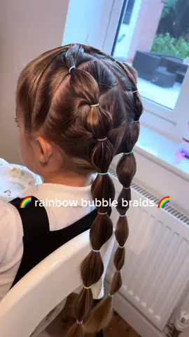 Loved this rainbow bubble braid 🌈 Perfect stay-all-day school hairstyle too!  Rainbow bands - @Temu  #schoolhair #girlshairstyles #kidshairtutorial #schoolhairinspo #kidshair 