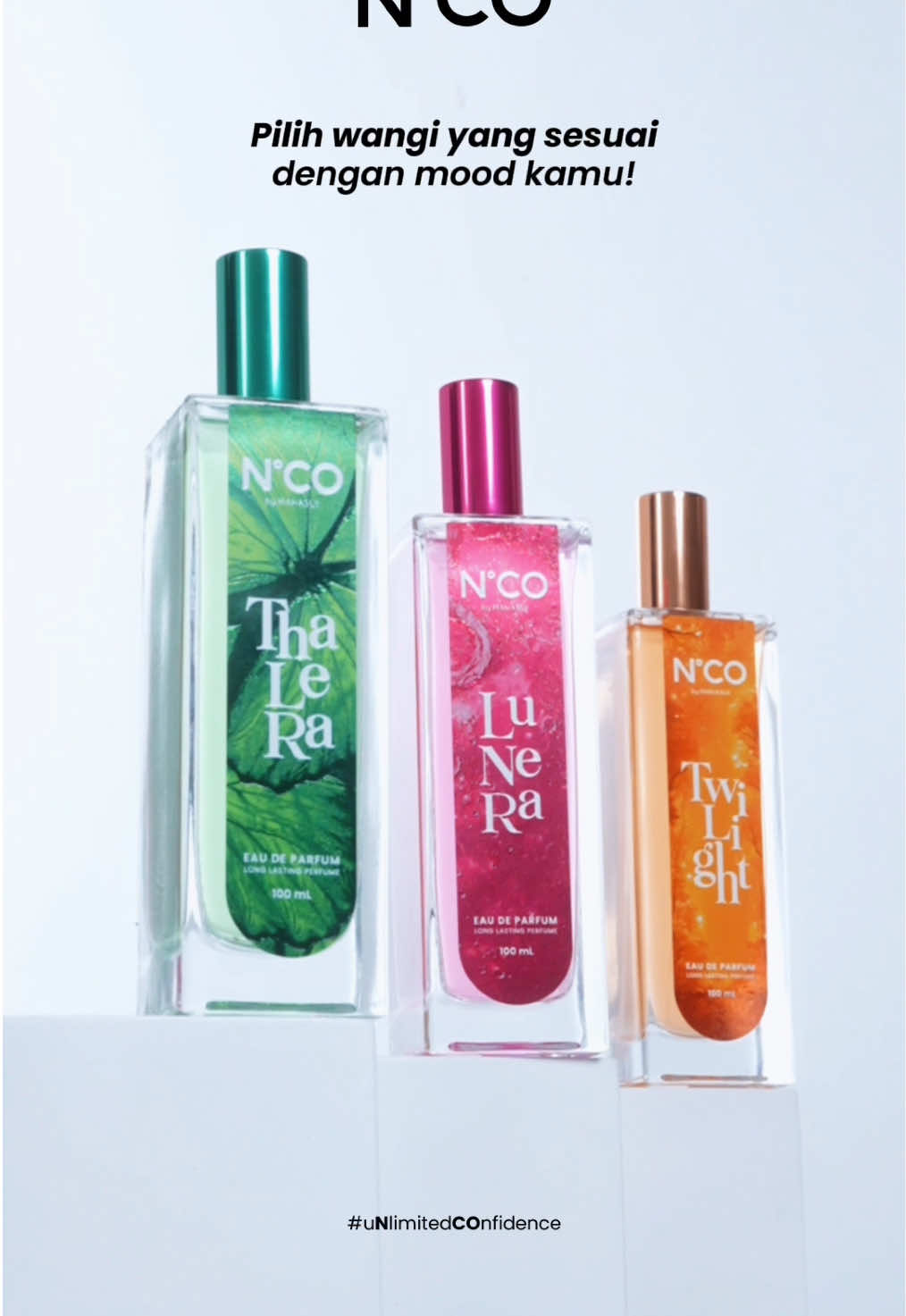 Pilih wangi sesuai mood kamu yuk! Kamu tim Thalera, Twilight atau Lunera?👀💗 #NCOPerfume #uNlimitedCOnfidence #BerawalDariWangi #BloomFantasy #parfumtiktok 