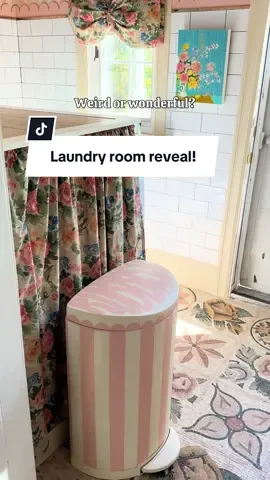 This laundry room has been through it all—wallpaper that fell off, stripes gone wrong, bows on the windows, a skirted washing machine, a painted garbage can, even plates on the wall. But now it finally feels like me—whimsical, quirky, and a little unexpected. The floors tie in, the details shine, and I’m officially calling it done. Weird or wonderful—what do you think?