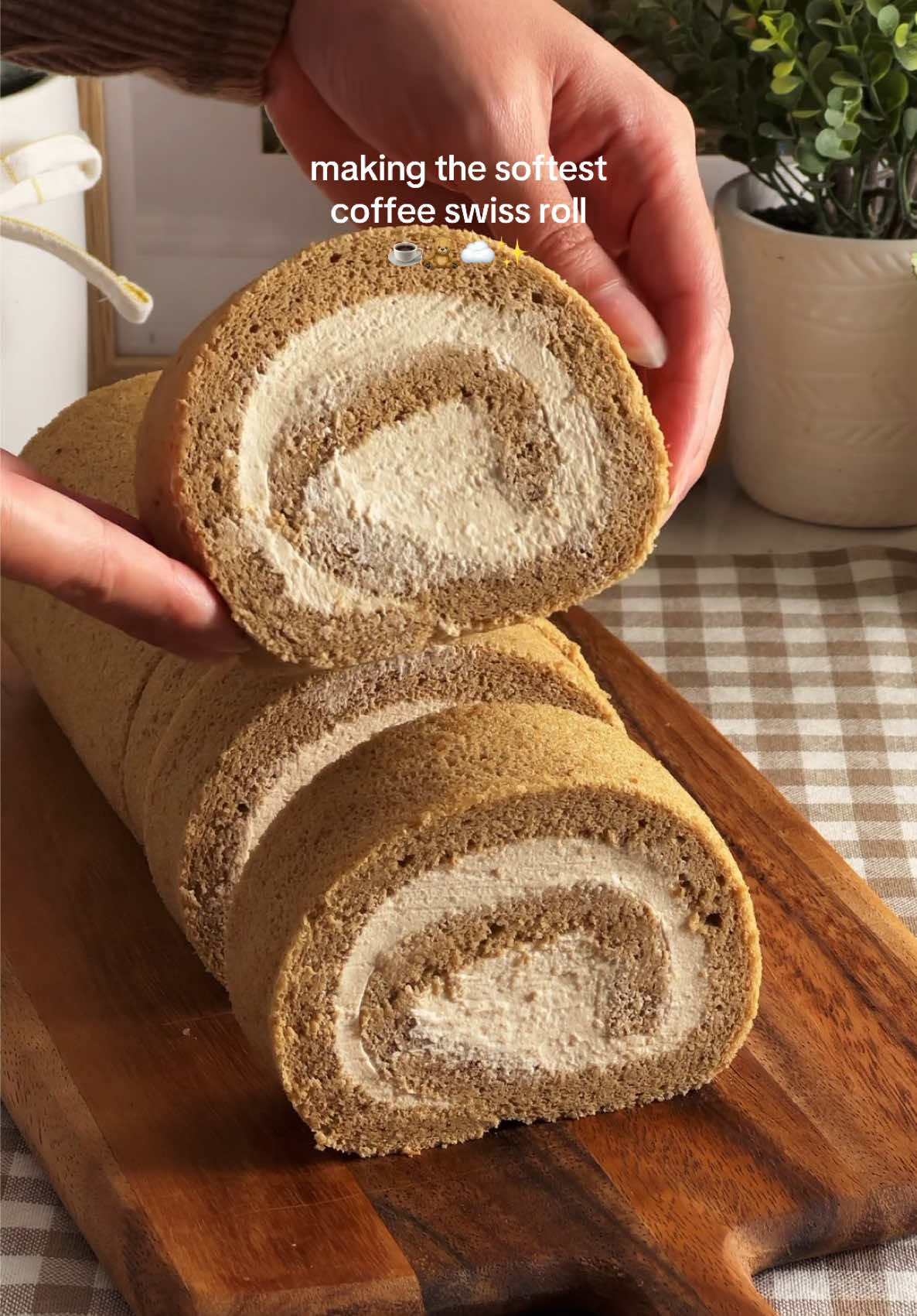 COFFEE SWISS ROLL ☕️ the softest coffee chiffon cake that doesn’t rip when rolled up with the light and airy coffee whipped cream. i promise your kitchen will smell sooo good when you’re making this cake! recipe linked in my bio or search “coffee swiss roll” on teakandthyme.com 😊 #swissroll #rollcake #coffeecake #baking #subtleasianbaking 