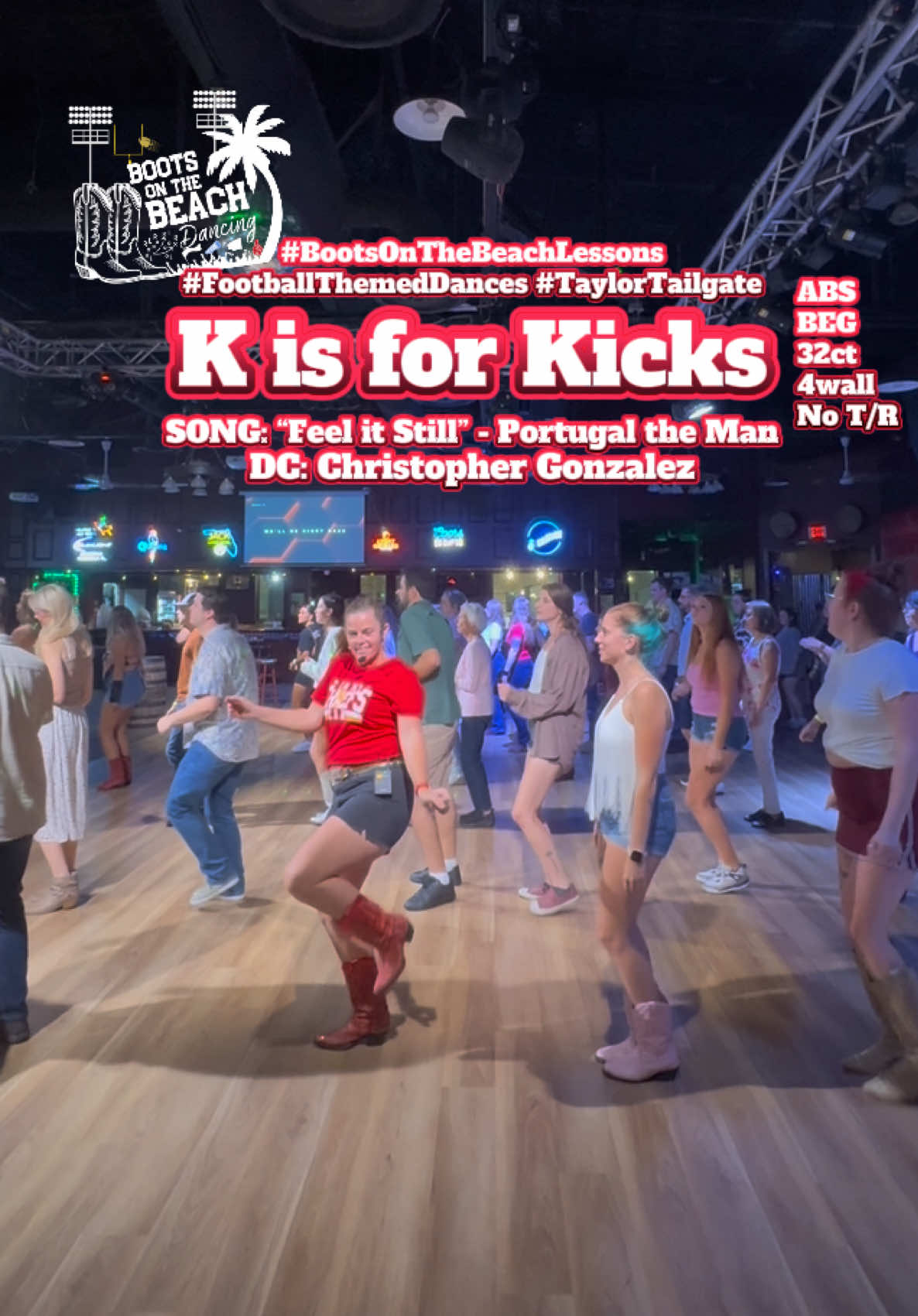 🏈FOOTBALL THEMED DANCES🏈: How else would you “kick-off” a football tailgate themed lesson? . 🪩: “K is for Kicks” by Christopher Gonzalez 🎵(OG): “Feel It Still” by Portugal the Man 🎶(SS): “I Like It, I Love It” by Tim McGraw 🎤: Taren Wilhelm with #BootsOnTheBeachLessons 📍: Thursday lessons at @Wild Greg’s Saloon  📋: #TaylorTailgate #FootballDanceList #Linedance  👢: @Corral Boots red Picasso style boots with custom bling by @Grit City Glitter 