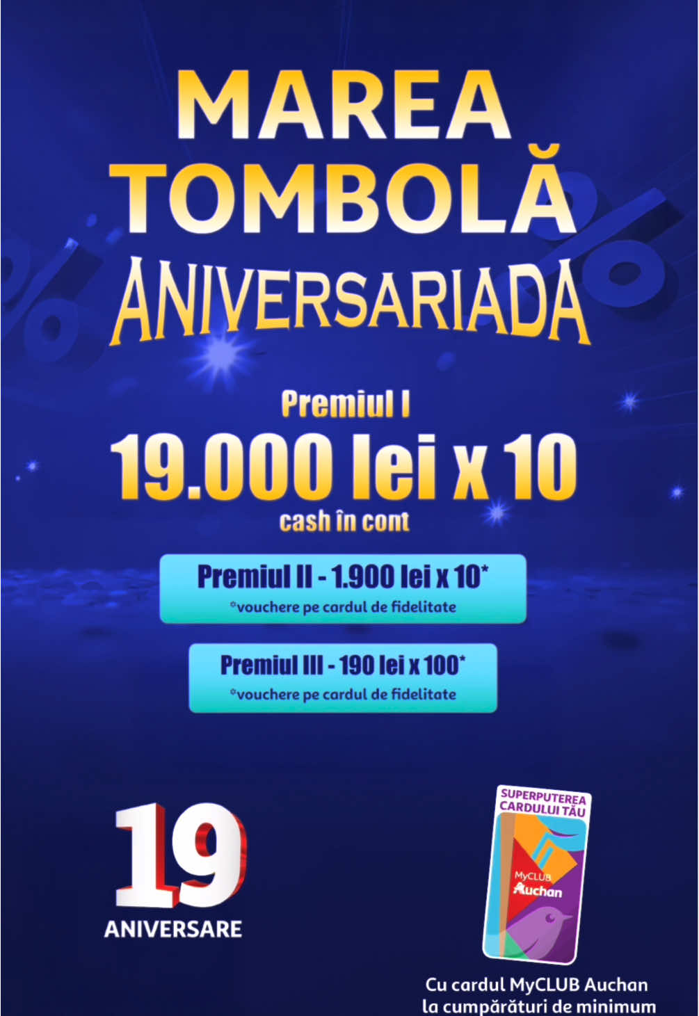 Vrei să câștigi 19.000 de lei cash în cont? 💰 E super simplu. Când mergi la Auchan, faci cumpărături de peste 190 de lei și scanezi cardul MyCLUB. Atât de ușor! Intri automat în tombola unde poți câștiga unul dintre cele 10 premii de 19.000 de lei cash în cont. Fără alte bătăi de cap! Deci, cumpărăturile tale obișnuite îți pot aduce premiul cel mare, sau unul din cele peste o sută de vouchere! Ai timp până pe 21 octombrie. Mult noroc! ✨