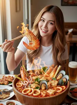 ถ้าเธอยังไม่รู้จักของอร่อย  ลองแวะมา...ดูที่ห้องพี่นี่       หม้อไฟทะเล สร้างภาพที่เหนือจริง แต่สมจริงของผู้หญิง (แนบรูปถ่าย) สวมเสื้อคอกลมสีขาว ผมยาวสีน้ำตาลทอง นั่งอยู่ด้านหลังชามยักษ์ที่เต็มไปด้วยต้มยำกุ้งตัวใหญ่มากๆ มีไอควันและเปลวไฟร้อนๆพุ่งขึ้นมา เขายิ้มอย่างมีความสุขขณะถือตะเกียบ ชามประกอบด้วยอาหารทะเลชิ้นใหญ่ และน้ำซุปร้อนนึ่ง โต๊ะไม้รอบชามเต็มไปด้วยเมนูอาหารทะเล ปิ้งย่าง และเบียร์หนึ่งแก้ว แสงธรรมชาติจากหน้าต่างส่องมาที่หญิงคนนั้น ใช้ใบหน้าเดิมที่แนบไป #Gemini #AIไม่ใช่ภาพจริง