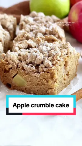 Healthy Apple Crumble Cake 🍎 Full recipe with substitutions is on my website  Gluten free, dairy free, refined sugar free, nut free, allergy friendly and packed with flavor. This apple cake is perfect for fall 🍁 Ingredients Crumble Topping * ½ cup tigernut flour or almond flour * ½ cup 1:1 gluten free flour * ¼ tsp cinnamon * 2-4 Tbsp melted coconut oil or butter * 2 Tbsp maple syrup Cake * 1 cup diced apples tossed in 1 Tbsp flour and 1/4 tsp cinnamon * 2 cupS @Bob’s Red Mill 1:1 gluten free flour * 1 tsp baking powder * ¼ tsp baking soda * ½ tsp salt * ⅓ cup @California Olive Ranch olive oil * ⅓ cup coconut sugar * ¼ cup applesauce * 1/4 cup @Harmless Harvest yogurt  * 1/4 cup @Califia Farms coconut milk  * 2 eggs room temp * 1 teaspoon vanilla extract Instructions * Preheat oven to 350F. Line an 8x8 inch baking dish with parchment paper.  * Mix the flours together for the crumb topping. * Add the oil and maple syrup and mix together until you get a crumb texture that holds together when pinched. Set aside. * Whisk the flours, baking powder, baking soda, and salt together in a medium bowl and set aside. * Beat together oil and sugar with a paddle attachment until smooth. * Add in remaining wet ingredients and beat to combine. * Add in the dry ingredients to the wet and mix on low until just combined and you have a few flour streaks remaining. * Toss diced apples with the flour and cinnamon to coat. Fold apples into the batter.  * Pour batter into prepared baking dish. Crumble topping evenly over the cake. * Bake for 35-40 minutes, until a toothpick comes out clean from the center and top is golden.  	•	Let cool and enjoy! ##applecake##fallbaking##glutenfreecake##glutenfreebaking##healthydessert