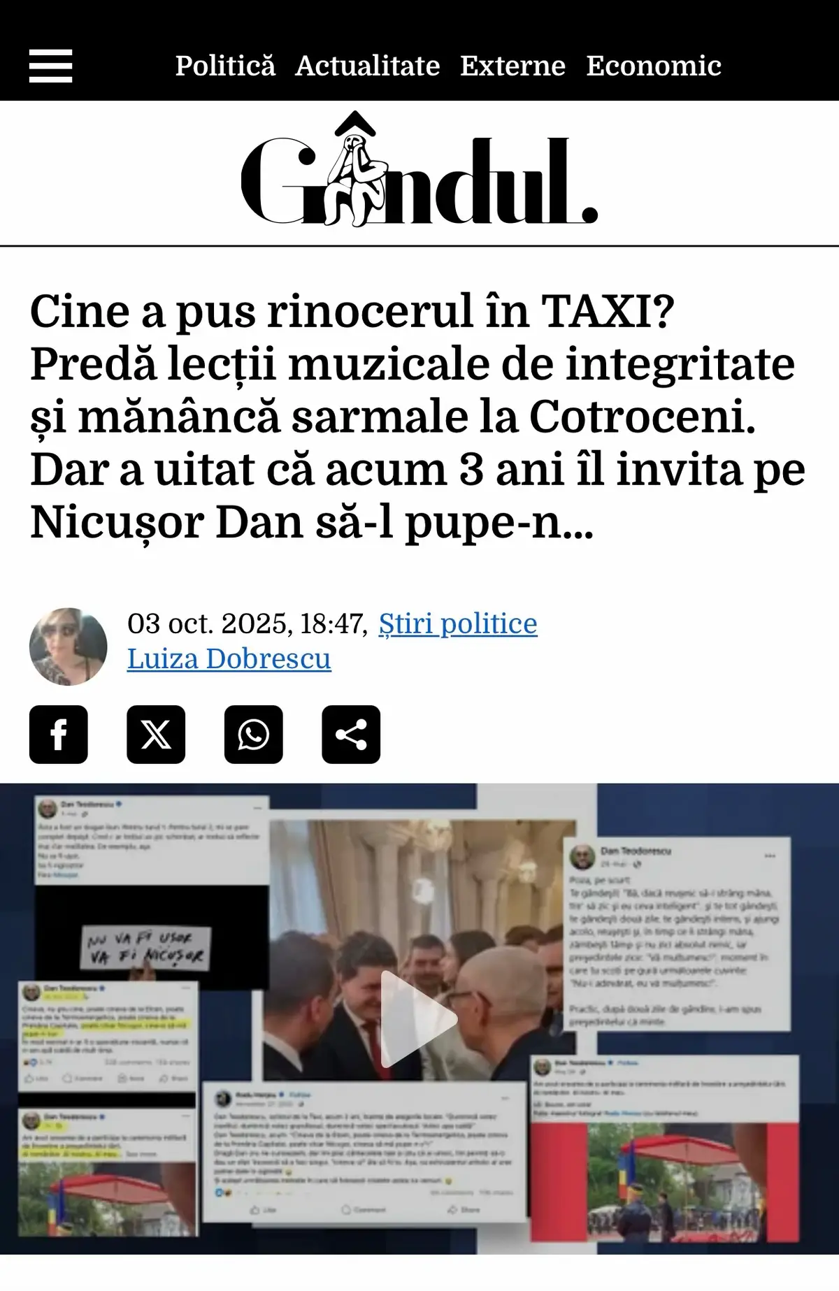 Dan Teodorescu, solistul TAXI, „rinocer” sub acoperire În 2022, când rămăsese luni întregi fără căldură sau apă caldă, ca mai toți bucureștenii, Dan Teodorescu îl invita pe Nicușor să-l pupe în c**. Doi ani și jumătate mai târziu, același Dan Teodorescu „avea onoarea” să-l felicite chiar la Cotroceni pe noul președinte al țării. Același Nicușor pe care îl invita la „o operațiune riscantă.” Dan Teodorescu nu a fost invitat din întâmplare la învestirea lui Nicușor Dan. Alături de alte personalități, din care multe figuri apar în cel mai recent videoclip al trupei Taxi, a dus o campanie asiduă de promovare a candidatului Nicușor Dan, un președinte „Al românilor. Al nostru. Al meu.” La Cotroceni, solistul Taxi s-a strecurat printre influenceri și sarmale pentru a reuși să-i strângă mâna idolului său. Și și-au mulțumit reciproc. Fără pupături.