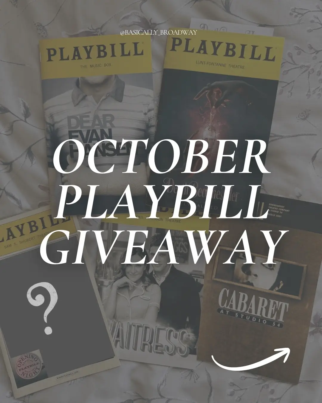 WE’RE CLOSING 2025 WITH MONTHLY PLAYBILL GIVEAWAYS! here is the lineup for the OCTOBER giveaway, and you can keep reading to find out how to enter! ✨  ONE WINNER will get the following playbills- 👕 DEAR EVAN HANSEN 💜 DEATH BECOMES HER 🌟 MYSTERY OPENING NIGHT PLAYBILL 🥧 WAITRESS 🍍 CABARET this specific giveaway will be posted on my INSTAGRAM (@basically_broadway), TIKTOK (@basicallybway), and YOUTUBE (@basically_broadway) profiles! for extra entries, you can enter on each platform to get up to three entries total. TO ENTER THIS GIVEAWAY: 1. must be following @basicallybway . 2. like this post. 3. tag 3-5 people in the comments! 📦 this specific giveaway will be limited to U.S. based participants, but let me know in the comments if you’d like to see a worldwide giveaway in the future (AND which prizes you’d like to see next!). best of luck!! the winner will be drawn on OCTOBER 31ST! 👻 #giveaway #playbills #theatretok #deathbecomesher #newyorkcity 