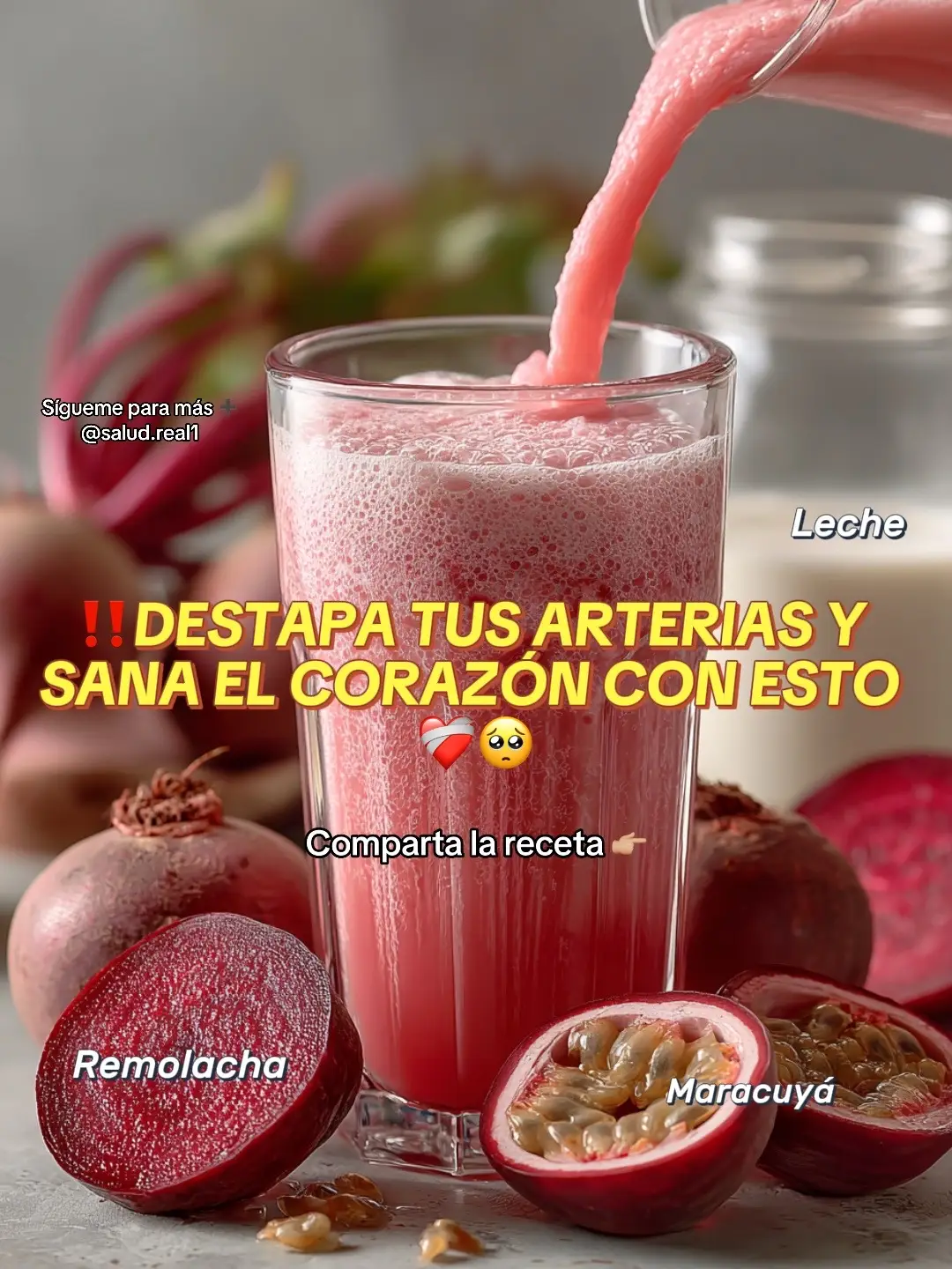 La remolacha es rica en óxido nítrico que favorece la dilatación de los vasos sanguíneos, el maracuyá aporta antioxidantes que protegen el corazón y la leche hace que quede delicioso en la mezcla 🥰 #saludholística #arterias #corazonsano #detoxnatural #remolacha 