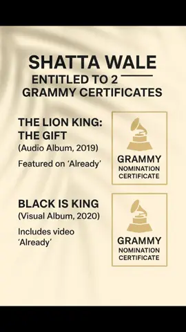 🎤 Shatta Wale & Grammy Certificates (Participation Level) 1. The Lion King: The Gift (Audio Album, 2019) Shatta Wale featured on Already. Album got Grammy nomination (2020). He qualifies for a Grammy Nomination Certificate as a featured contributor. 2. Black Is King (Visual Album, 2020) Already (with Shatta Wale) is part of this visual project. The visual album was nominated for Best Music Film at the 2021 Grammys. He qualifies for another Grammy Nomination Certificate as a featured contributor. ✅ That makes 2 Grammy Nomination Certificates Shatta Wale is entitled to request as official recognition of his participation. He didn’t win a Grammy (the win went to Brown Skin Girl video), but being part of two Grammy-nominated projects is a fact, and the certificates seal that.