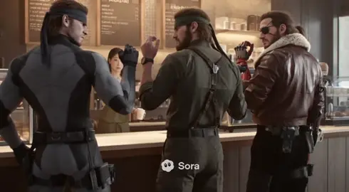 3 snakes slither into a coffee shop  #metalgear #sora2 #solidsnake #bigboss #venomsnake 