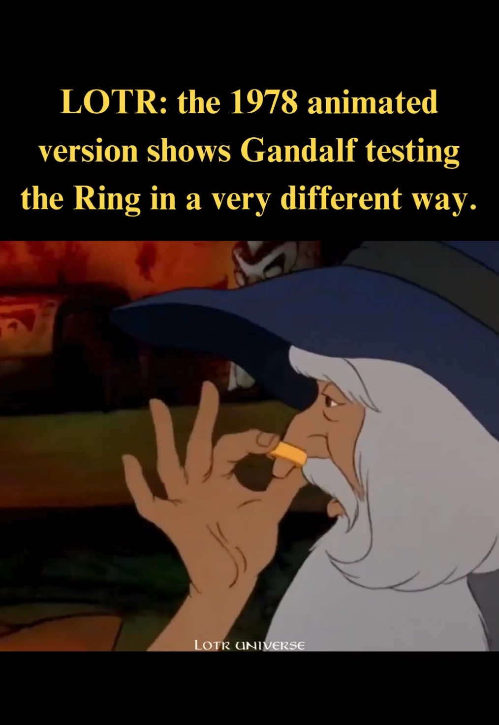 Gandalf.. wtf are you doing? 🤣 İnfo: In Tolkien’s books, Gandalf never touches the Ring he knows its danger. In Peter Jackson’s films, he also avoids holding it, except briefly for the fire test. But in the 1978 animated version… Gandalf actually sniffs the Ring! 💍 #lordoftherings #lotr #frodo #gandalf #tolkien